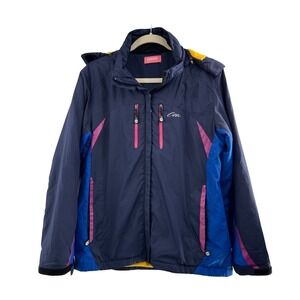 Otto Womens XL Windbreaker Jacket With Hood Navy Blue & Yellow retro rain‎ coat